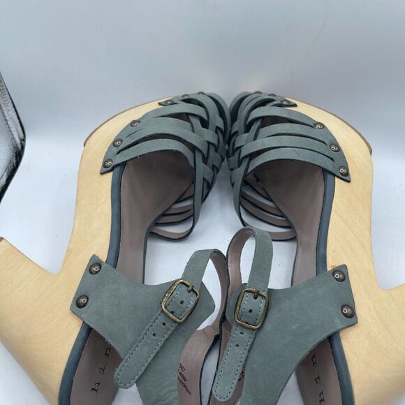 Hinge Parker Strappy leather wooden heel Dusty Blue Sandal 9 - Picture 8 of 11